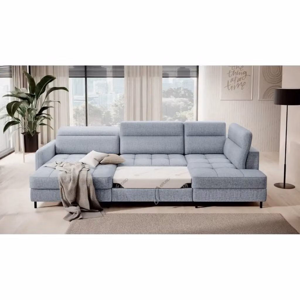 Divano angolare convertibile BERTHO MEUBLORAMA blu e grigio con angolo sinistro e contenitore L/P/H: 306 x 166 x 100 cm – 2