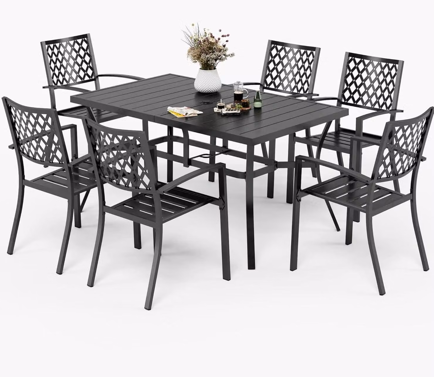 Set di mobili da giardino in metallo, composto da 6 sedie e un tavolo da giardino di 152x96 cm, resistente alle intemperie, impilabile e dotato di foro per l'ombrellone
