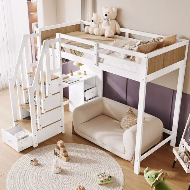 Letto a soppalco singolo 90 × 200 cm con scrivania, 3 cassetti e scala contenitore, senza materasso, bianco naturale
