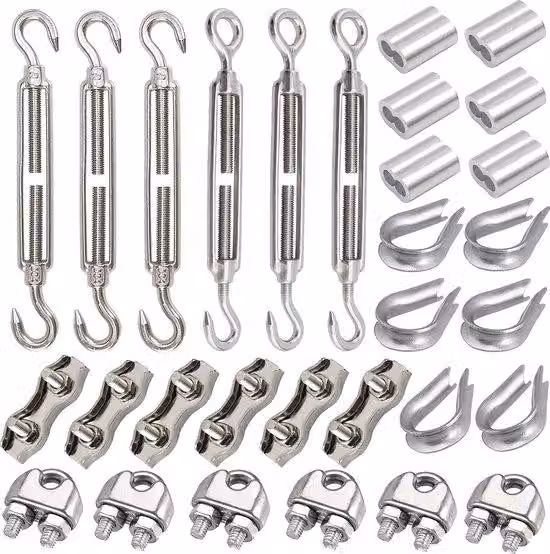 Set da 30 pezzi comprendente un cacciavite M5, una vite doppia M5, un fermacavo in acciaio da 3 mm, un cavo da 3 mm e un fermacavo in alluminio da 3 mm per filo metallico in tensione.