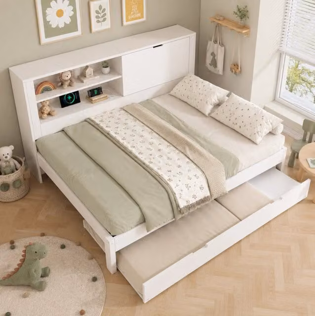 Divano letto matrimoniale 140x190 cm con letto estraibile 90x190 cm, struttura bianca con spazio contenitore, stazione di ricarica USB/USB-C, rete a doghe, senza materasso