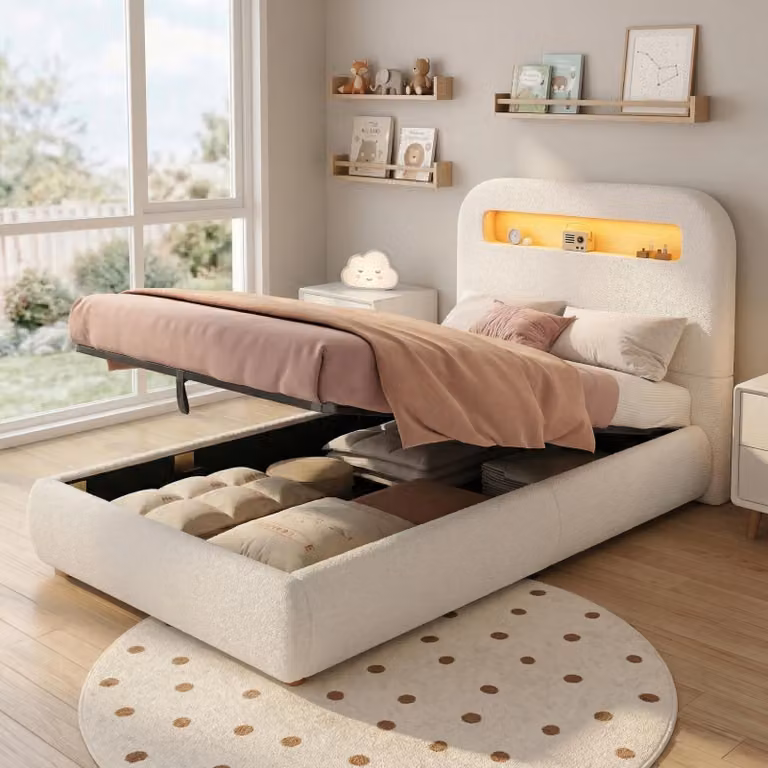 Letto imbottito STILVORA 90x200 cm con meccanismo idraulico e ampio vano contenitore, letto singolo con rete a doghe e illuminazione a LED, lettino per bambini con testiera e gambe in legno massello, con materasso, bianco