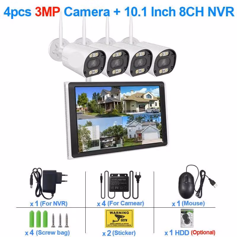 Sistema di telecamere di sicurezza wireless da 3MP con registratore NVR a 8 canali, schermo LCD da 10,1 pollici, visione notturna e disco rigido da 1TB