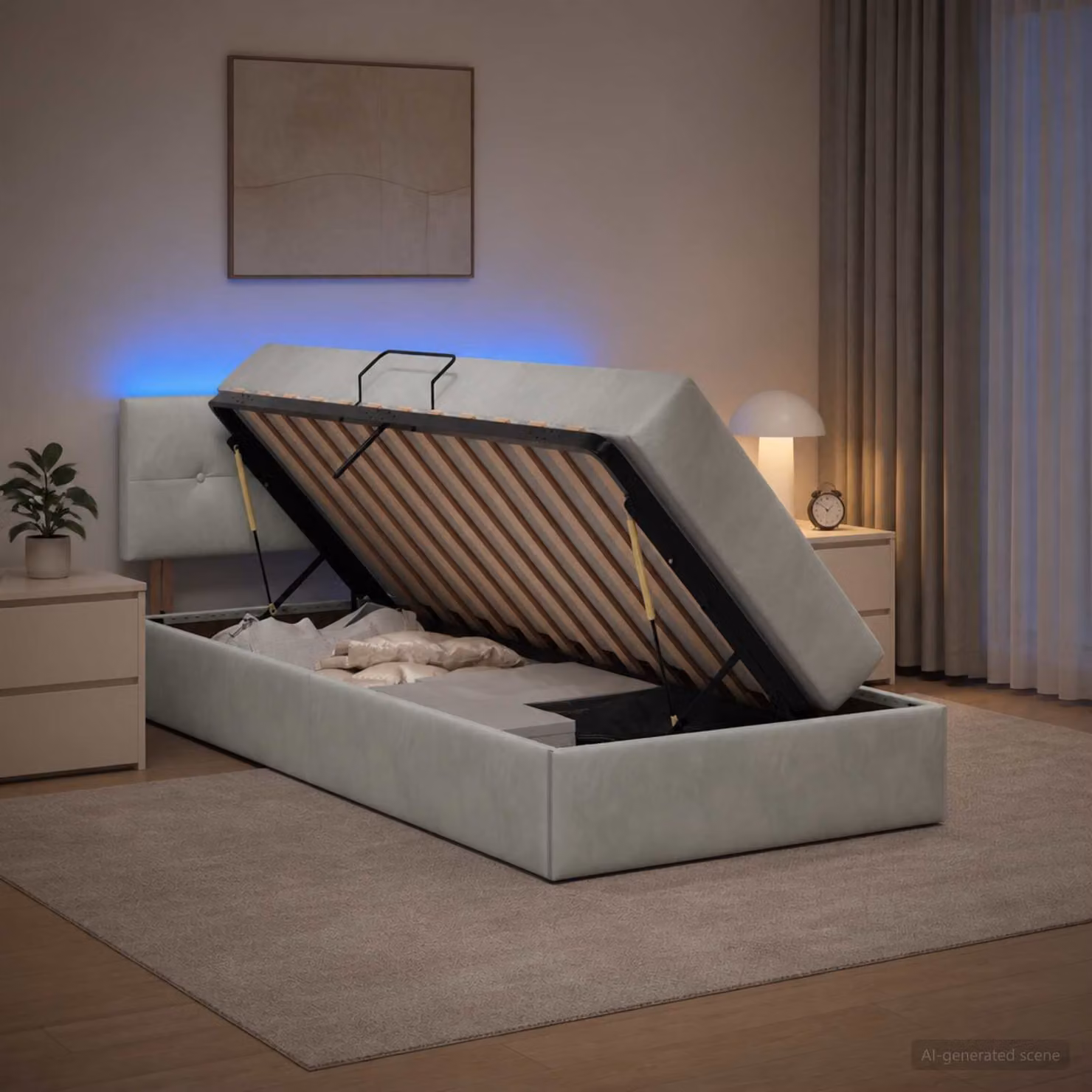 Letto con contenitore e illuminazione LED vidaXL in tessuto grigio con materasso a molle L/P/H: 190 x 90 x 140 cm