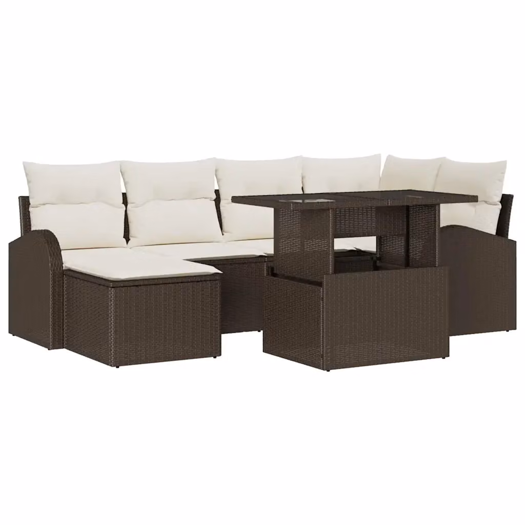 Set Divano da Giardino vidaXL 7 Pezzi in Polyrattan Marrone e Beige con Cuscini e Tavolino – 2
