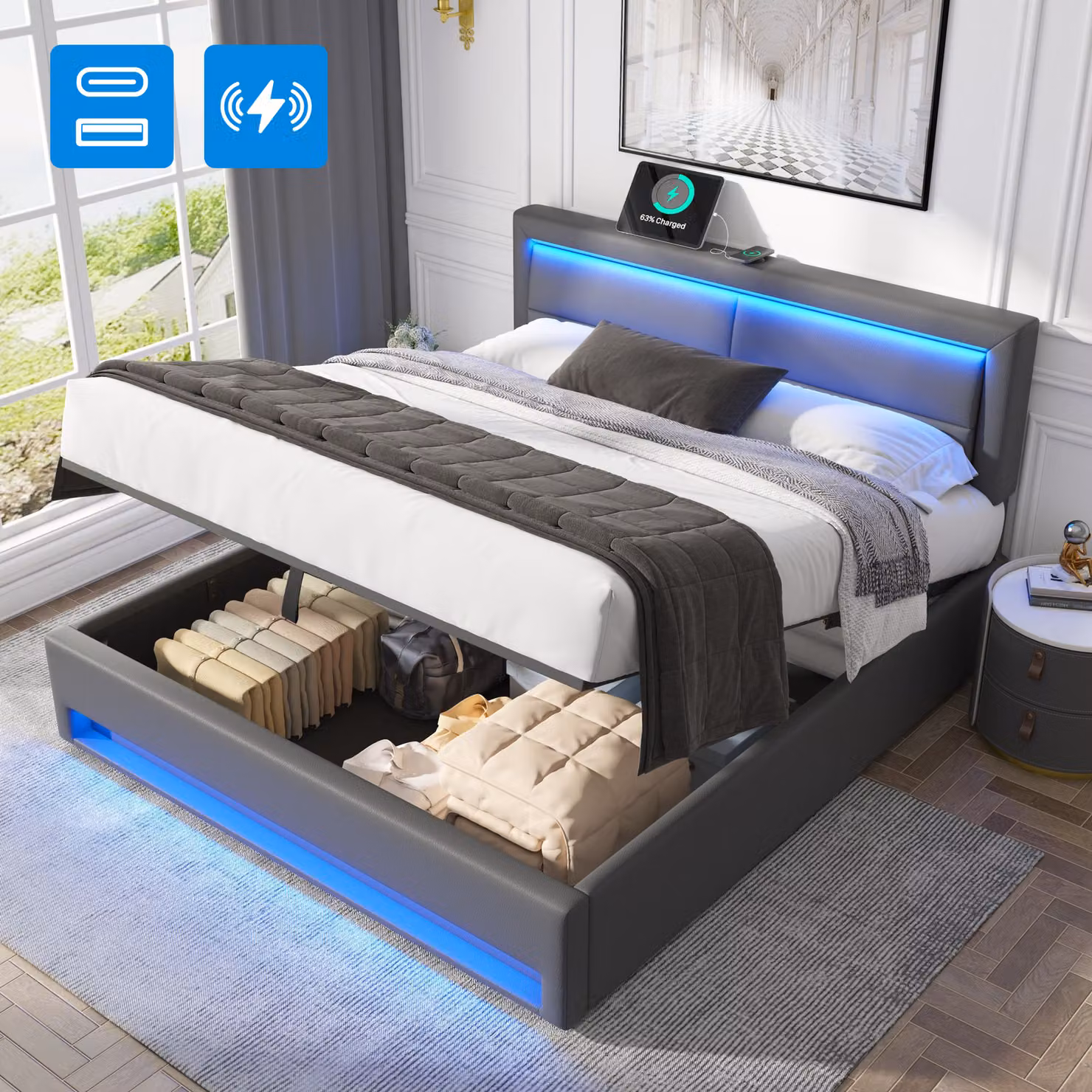 Letto imbottito MODFU, 160 x 200, letto per ragazzi, letto matrimoniale con connessione USB e illuminazione a LED e vano portaoggetti, con materasso, grigio