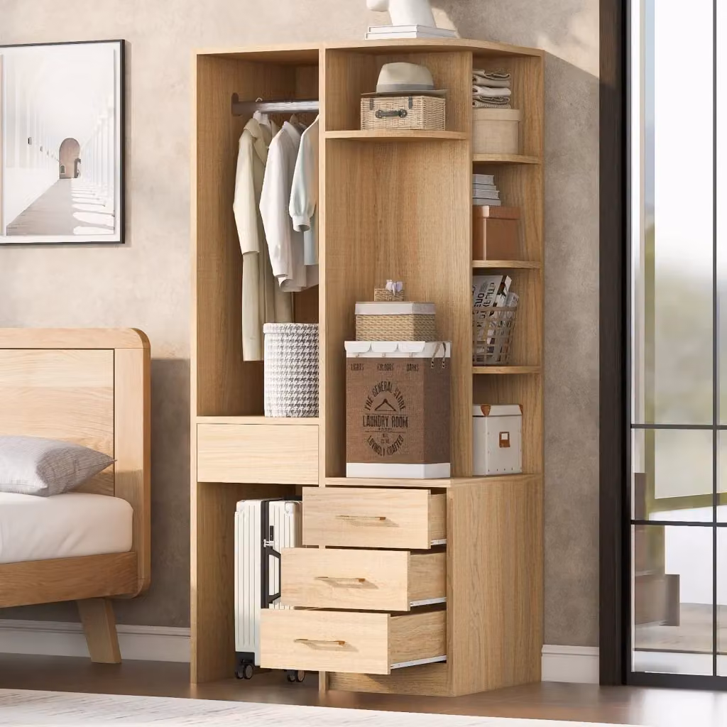Armadio Chicfurn in MDF con 1 anta, cassetti, ripiani e vano appendiabiti, effetto legno marrone opaco, L: 70 cm, P: 55 cm, H: 175 cm – 2