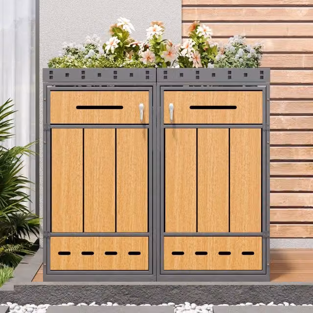 Copribidone Spazzatura 2 Posti in Acciaio con Fioriera 132x80x124 cm Effetto Legno e Grigio