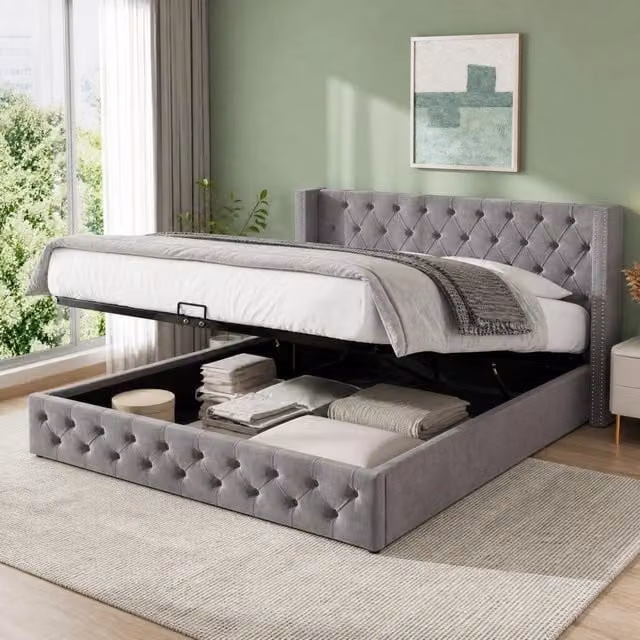 Letto contenitore Mivray imbottito con testiera Chesterfield e sollevamento idraulico, grigio, L/P/H: 140 x 200 cm