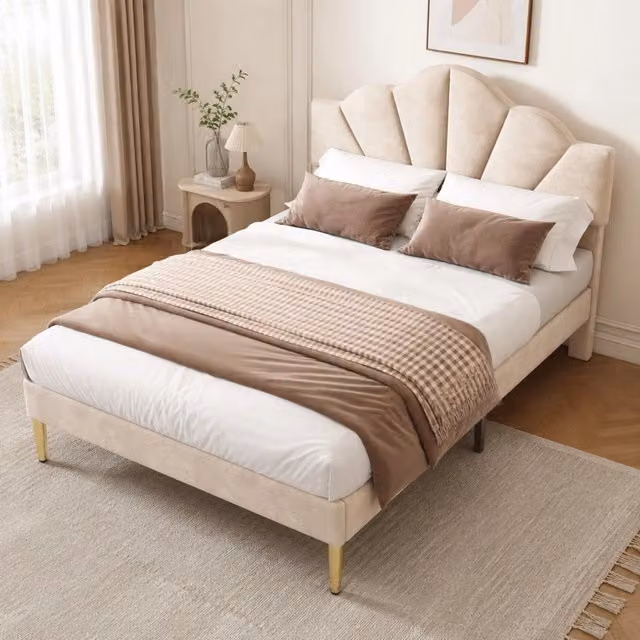 Letto matrimoniale imbottito 140x190 cm in velluto beige con testiera regolabile e rete a doghe