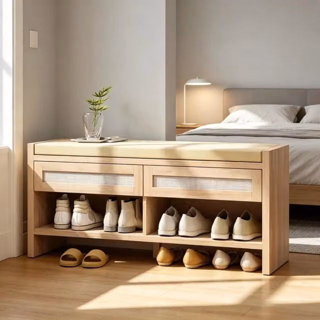 Panca da ingresso Mivray con due cassetti e cuscino in tessuto, effetto rovere chiaro e rattan, colore beige e marrone, L: 108 cm, P: 50 cm, H: 35 cm