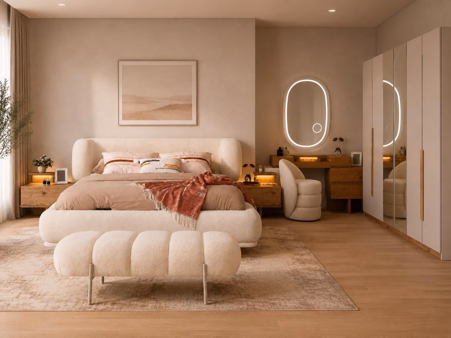 Set per camera da letto: letto, armadio, angolo trucco, panchina. Stile moderno, colore beige