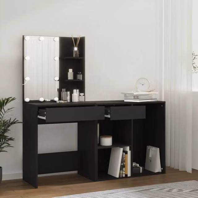 Toeletta Hollywood con LED e Armadietto in Legno Nero VIDAXL L: 140 cm, P: 40 cm, H: 60 cm