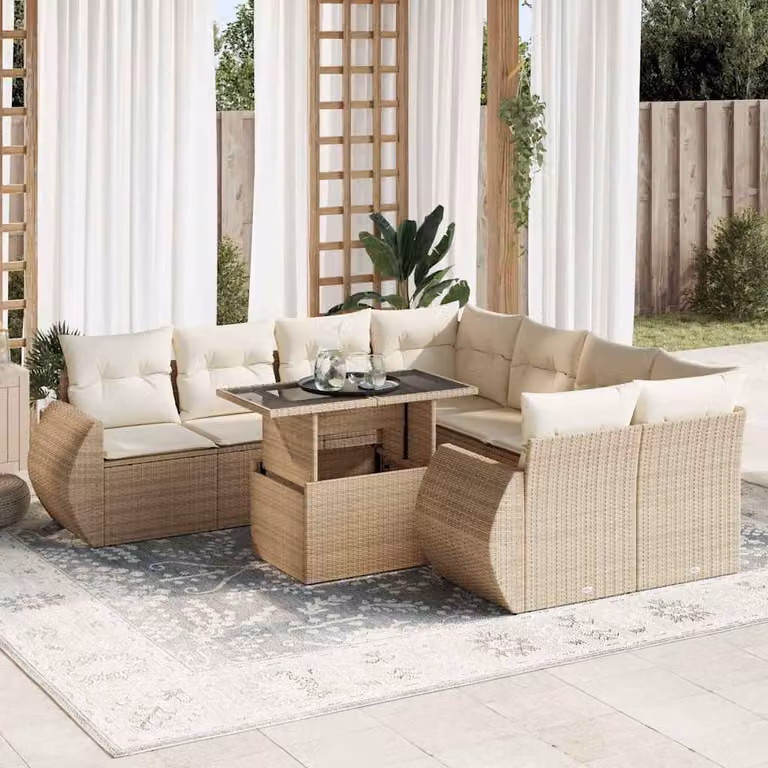 Set Divano da Giardino vidaXL 9 Pezzi a Forma di L con Cuscini Beige e Tavolino in Polyrattan e Metallo