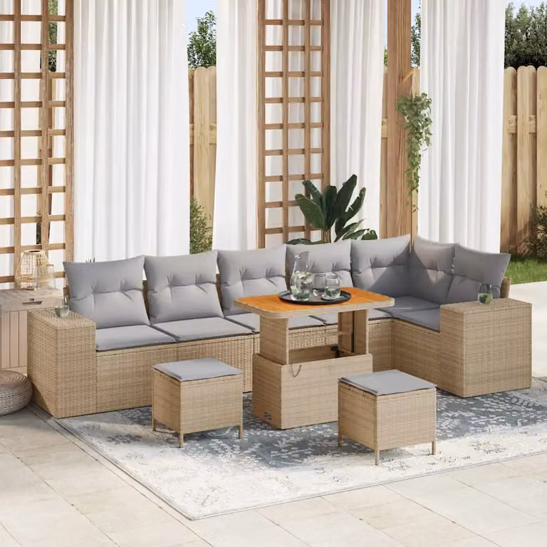 Set Divano da Giardino a L vidaXL 9 pz Beige con Cuscini e Tavolino in Polyrattan e Acciaio