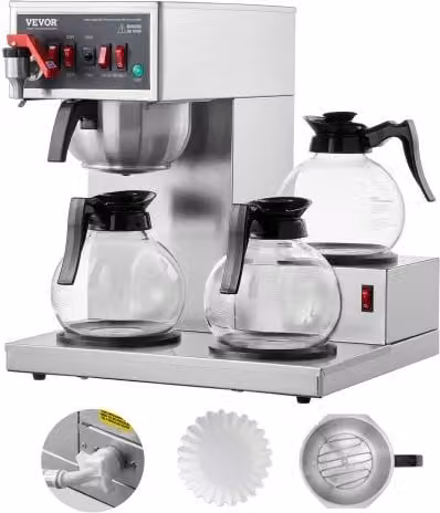VEVOR Macchina da Caffè Commerciale con Filtro, 12 Tazze, 3 Caraffe in Vetro e 3 Piastre Riscaldanti, Acciaio Inox e Vetro, Silver, L: 46,0 cm, P: 40,5 cm, H: 40,5 cm