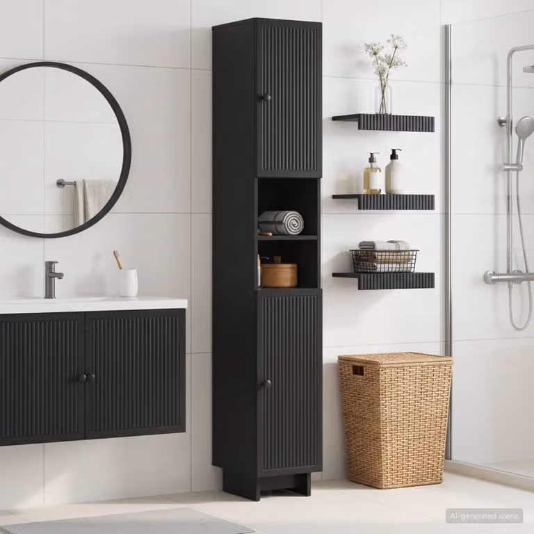 Armadio da Bagno Moderno vidaXL con Ripiano Aperto e Ante a Battente, Nero Opaco, L: 30 cm, P: 31 cm, H: 190 cm