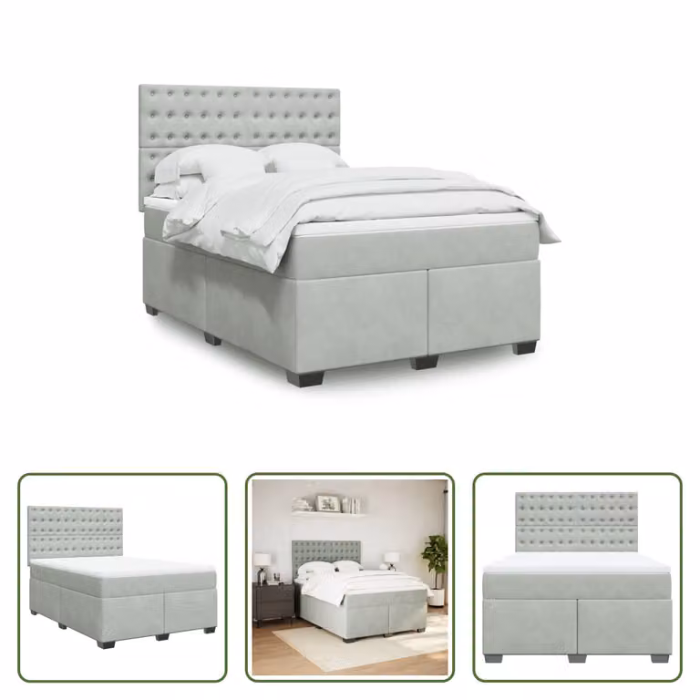 The Living Store Letto a molle con materasso grigio chiaro 140x190 cm in velluto