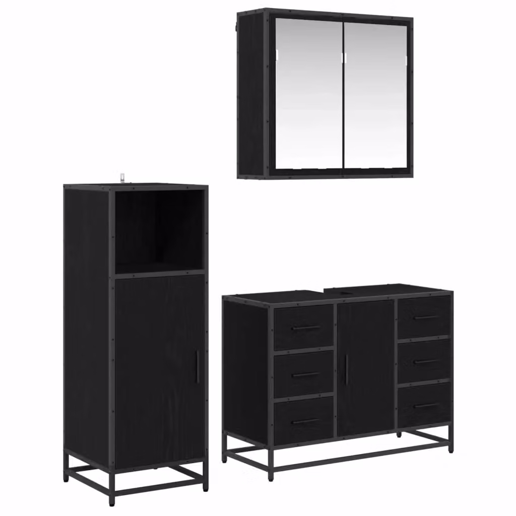 Set di mobili per il bagno moderno vidaXL composto da 3 pezzi in legno e metallo nero, include armadietto con specchio, mobile sottolavabo e colonna alta, L/P/H: 80 x 33 x 60 cm – 2