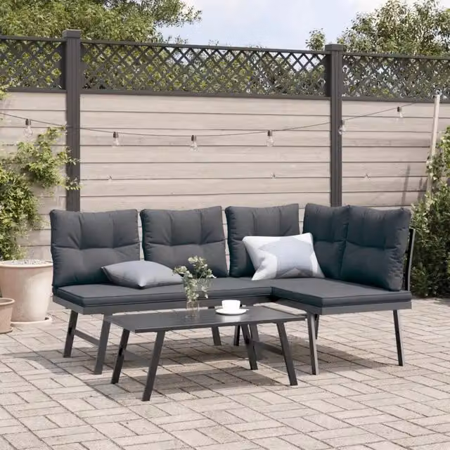 Panche Giardino con Cuscini 2pz Nere Acciaio Verniciato Polvere 4008105