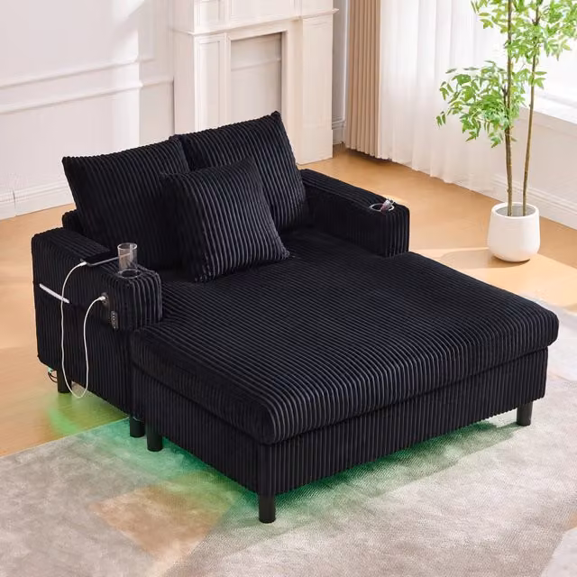 Poltrona relax chaise longue WISHDOR in velluto a coste nera con LED, USB e portabicchieri L/P/H: 142 x 128 x 85 cm