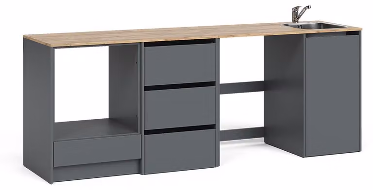 Mobiletto base cucina Vicco Viktor Antracite/Rovere dorato con lavello e rubinetto, Model 63447