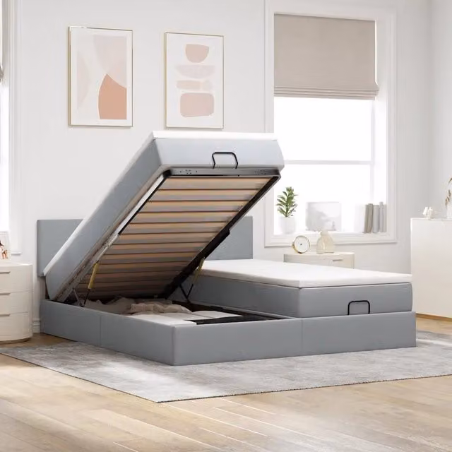 Letto con contenitore a sollevamento vidaXL in tessuto grigio e bianco con illuminazione sottostante e porta USB, L/P/H: 180 x 200 x 88 cm