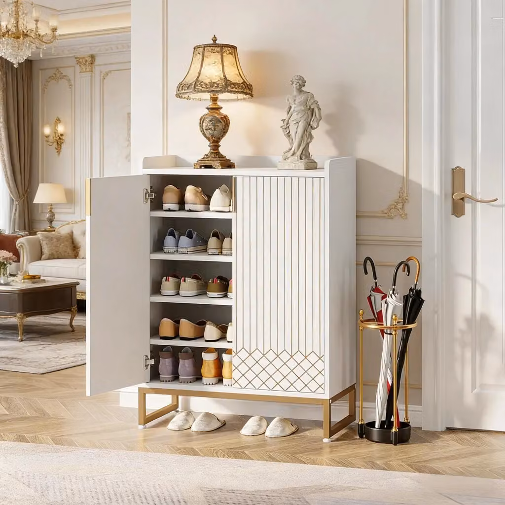 Scarpiera moderna WISHDOR con 5 ripiani e 2 ante, struttura in metallo e legno laccato, colore bianco e oro, L: 100 cm, P: 41,5 cm, H: 21 cm – 2