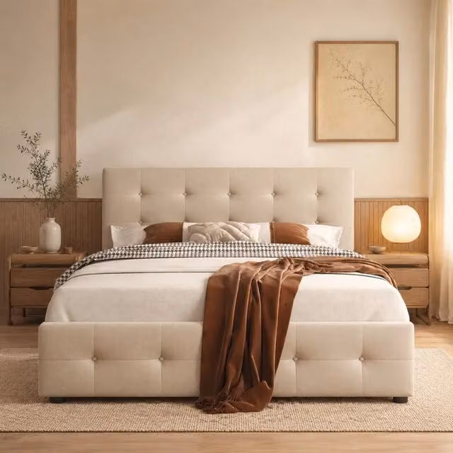 Letto imbottito con 4 cassetti e supporto a doghe; struttura in acciaio; beige