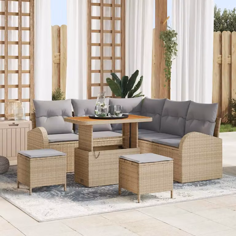 Set Divano da Giardino vidaXL a Forma di L con 8 Posti, Colore Beige e Grigio con Cuscini e Tavolino
