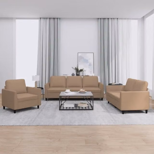 Set di divani 3 pezzi vidaXL in similpelle beige con cuscini per soggiorno in stile moderno – 1