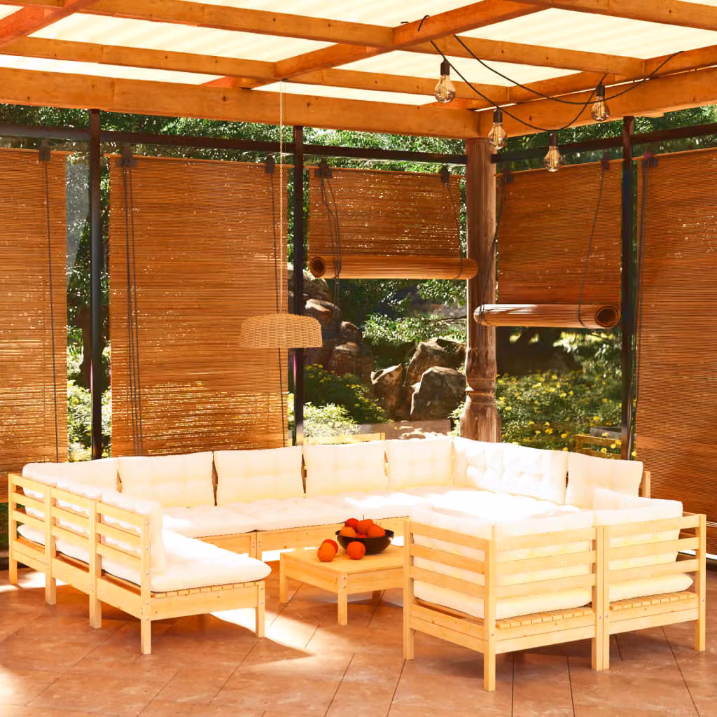 The Living Store Set da giardino da 12 pezzi con cuscini crema in legno di pino massiccio