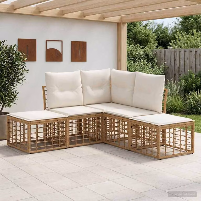 Set di divani da esterno a L vidaXL in rattan beige con cuscini in poliestere resistente ai raggi UV