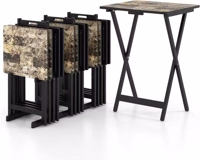 Set di 4 tavolini pieghevoli in stile industriale con piano in legno e struttura nera per soggiorno, camera da letto o balcone, L/P/H: 40 x 48 x 67 cm – 1
