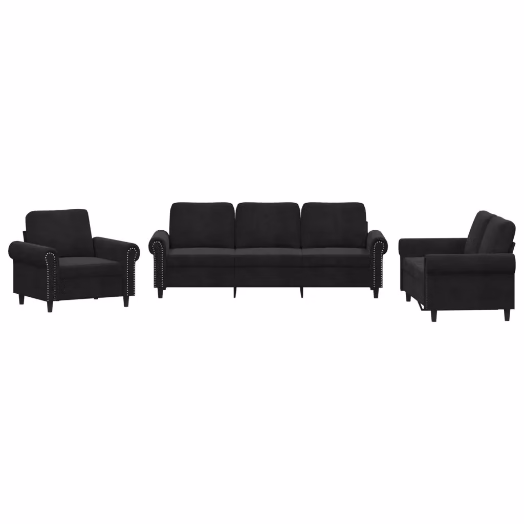 Set di divani da soggiorno vidaXL in velluto nero con cuscini, composto da un divano a 3 posti e un divano a 2 posti con struttura moderna in metallo e MDF – 2