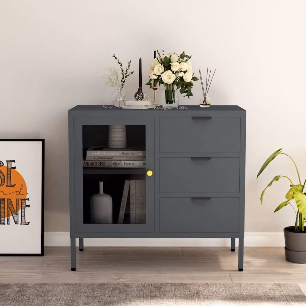 Credenza vidaXL in acciaio e vetro temperato color antracite L: 75 cm, P: 35 cm, H: 70 cm – 1