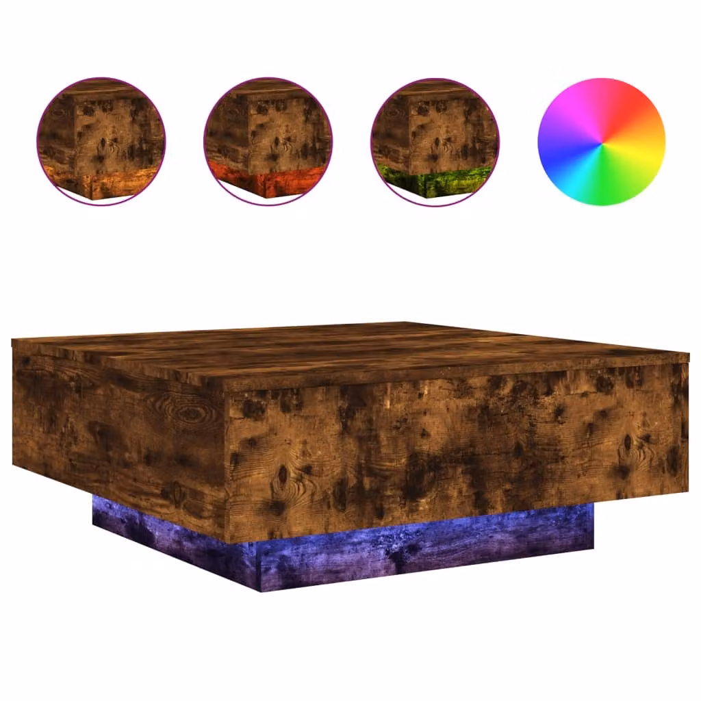 Tavolino da Soggiorno con Luci LED Rovere Fumo 80x80x31 cm