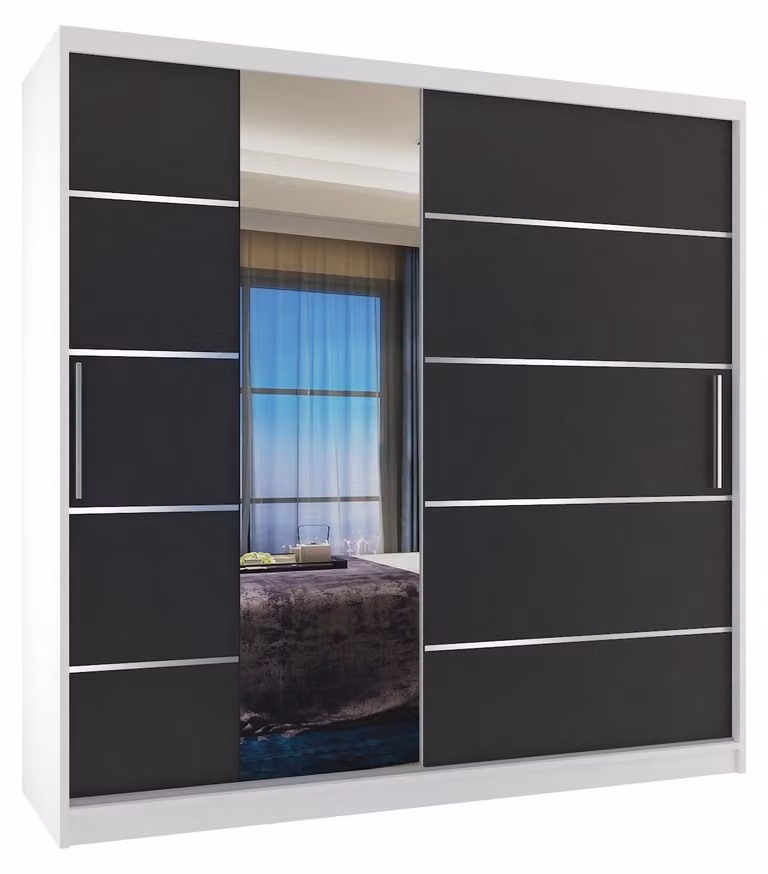 BELINI Verona, armadio scorrevole da 200 cm, bianco/nero opaco - armadio con specchio e 2 cassetti, ideale per la camera da letto