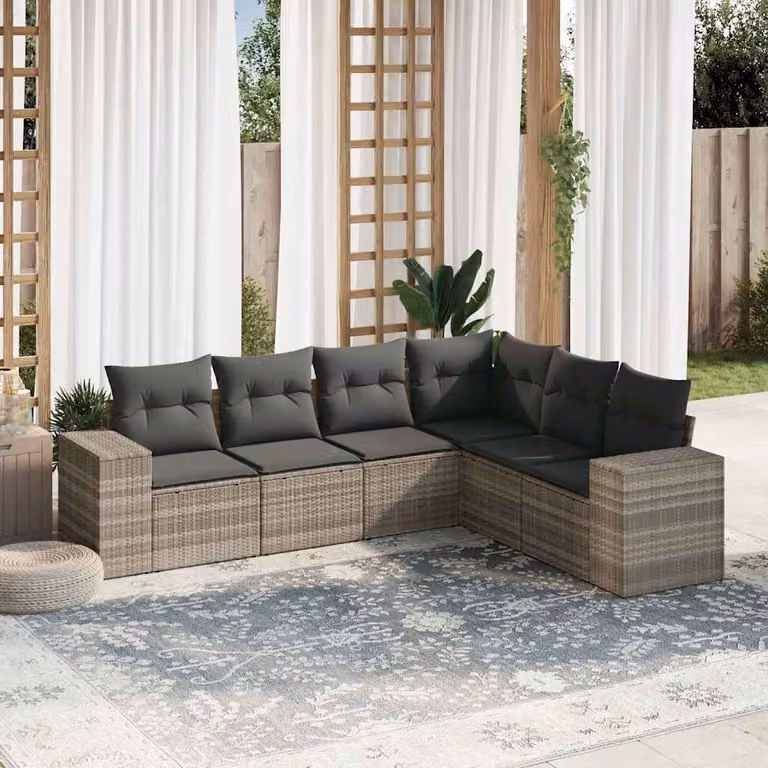 Set Divano da Giardino vidaXL 6pz a Forma di L in Polyrattan Grigio con Cuscini Imbottiti e Rivestimenti Rimovibili