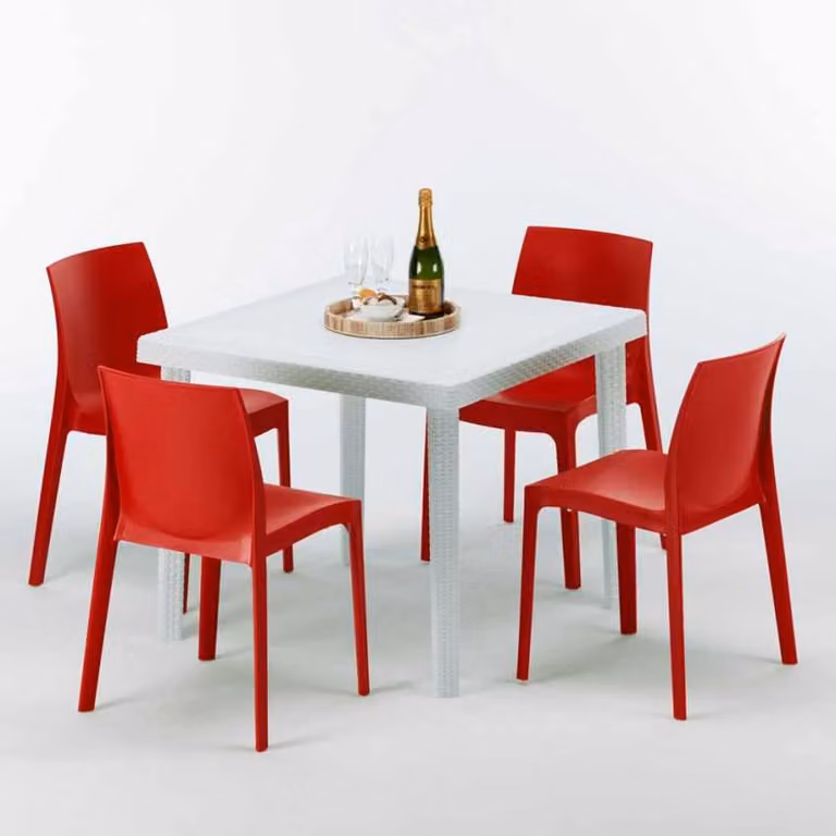 Tavolo quadrato bianco e 4 sedie in polipropilene colorato per esterni Grand Soleil Rome Love - Rosso