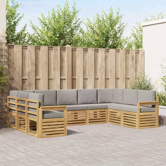 Set di divani da esterno a L vidaXL in legno di acacia con cuscini, Bianco e Grigio – 1