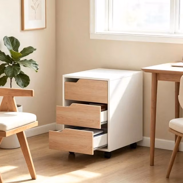 Cassettiera REDOM con 3 cassetti e ruote in MDF bianco e rovere, L 40 cm x P 50 cm x H 57,5 cm
