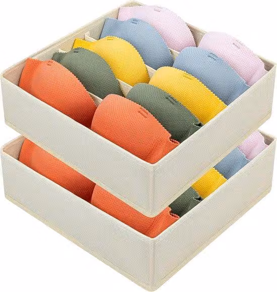 2 scatole portaoggetti, organizer pieghevole a 6 scomparti per biancheria intima, scatola in tessuto, organizer per riporre reggiseni, divisorio per cassetti, per la casa, camera da letto, armadio, beige