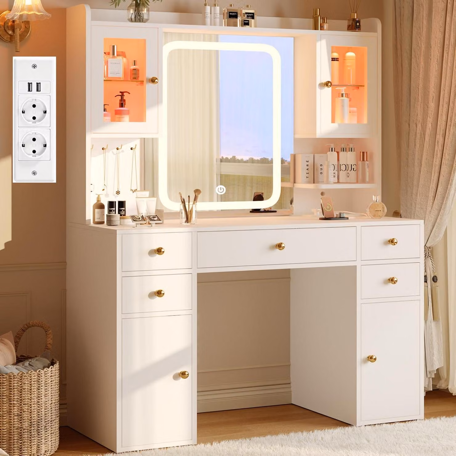 Comò da trucco con illuminazione e specchio, vetrine in vetro RGB, presa di corrente, colore bianco, dimensioni 105x40x151,5 cm
