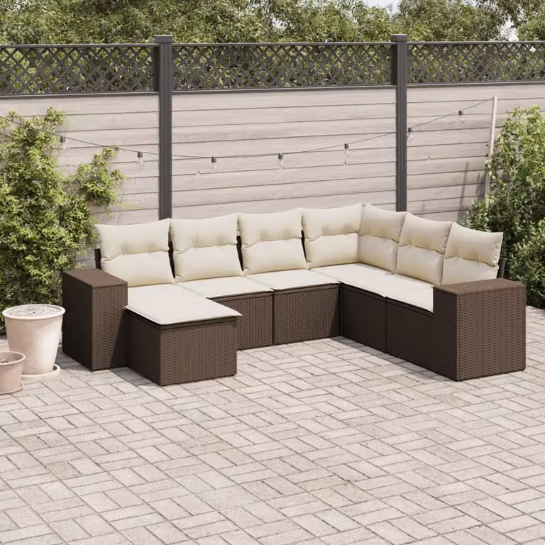 Set di divani da giardino vidaXL a forma di L composto da 7 pezzi in polyrattan marrone con cuscini bianchi inclusi