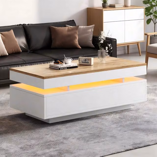 Tavolino da salotto LED con 2 cassetti 100 x 50 x 35 cm in bianco e tonalit脿 legno