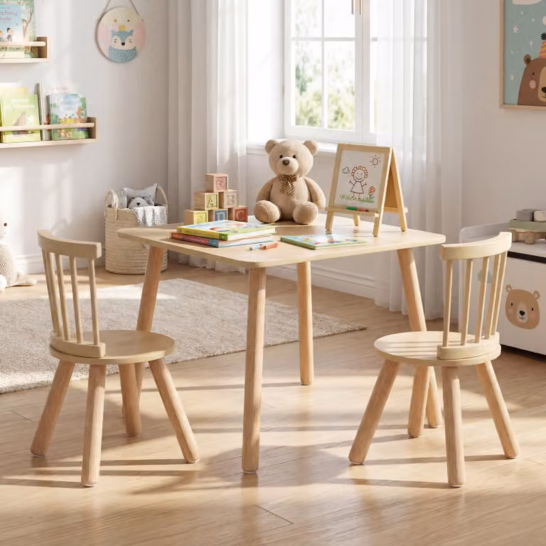 Costway Set tavolo e 2 sedie per bambini con gambe in legno massello, Tavolo attività per gioco arte lavori manuali Naturale