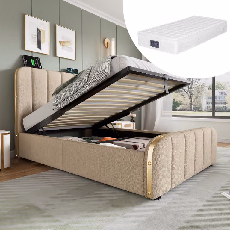 Letto singolo imbottito, testata con finiture dorate e USB Type-C 90 x 200 cm, lettino idraulico con materasso