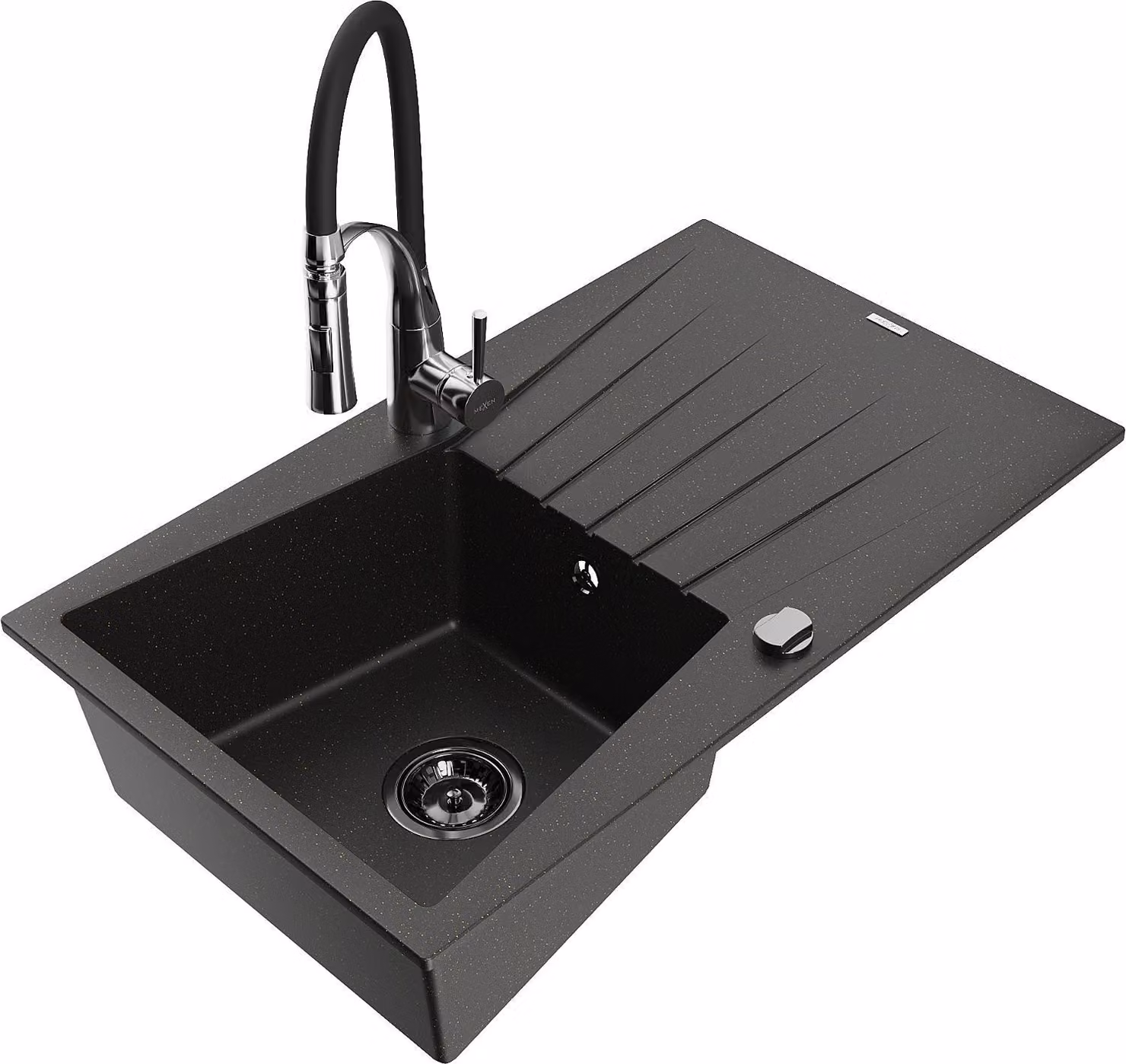 Mexen Cesar lavello in granito a 1 vasca con scolapiatti e rubinetto cucina Aster, nero/oro metallico - 6514-75-73450-07-B