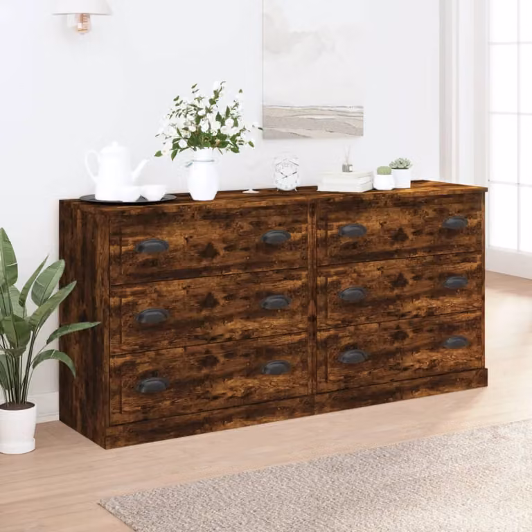 Set di 2 credenze vidaXL in legno multistrato Rovere Fumo, modello a parete, colore marrone opaco, L: 67,5 cm, P: 35,5 cm, H: 70 cm